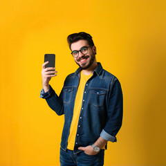 A man on a yellow background holds a phone in his hands
