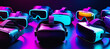 Virtual reality glasses lie on neon background banner with space for text