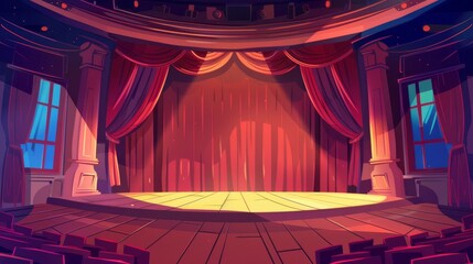Wall Mural - An illustration of a movie theatre interior with a stage, a red velvet drape and an empty backdrop isolated on a transparent background. A modern cartoon illustration of a movie theatre interior with