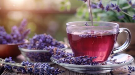 Cup of healthy lavender tea and dry lavender flowers. Bowls of dry medicinal herbs on background