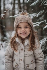 Wall Mural - A little girl standing in the snow wearing a hat. Perfect for winter-themed designs