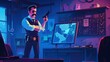 Modern web banner of a police detective character with gun in holster at an evidence board. Mustached police officer and police character working at crime investigation service, police detective