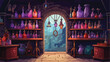 Magical potion shop with shelves stocked with color
