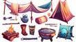 Luxury camping equipment collection with turkish pot and barbecue for luxury survival journeys on a trip. Isolated modern illustration of sleeping tent, pillow, and hammock.