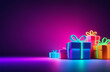 Lots of neon color gift boxes lying on neon background space for text. Discount sale background.