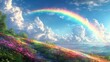   A rainbow painting in the sky, arching over a verdant hillside dotted with flowers Below, a winding stream runs through a lush, green foreground