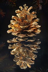 Wall Mural - A golden pine cone resting on a shiny surface. Perfect for holiday or nature-themed designs