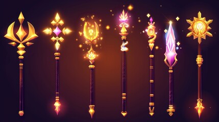 Wall Mural - Game level rank UI design with a golden scepter. Cartoon modern illustration of a wizard and magician with their fantastic weapon. Sorcerer enchantment items for role playing games.