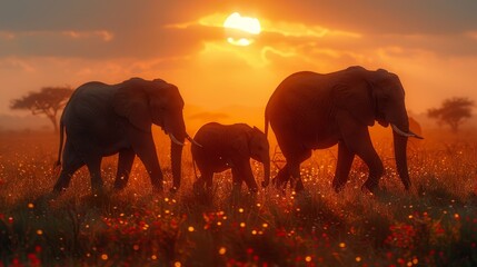 Wall Mural -   Two adults and a baby elephant traverse a field filled with wildflowers against a sunlit backdrop