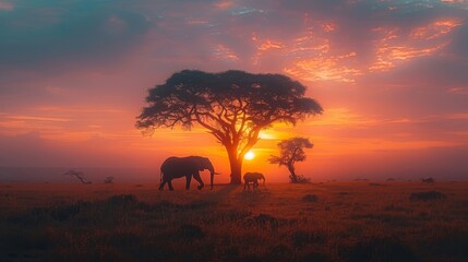 Wall Mural -   A herd of elephants atop a verdant field, beneath a radiant red-yellow sky, as the sun sets