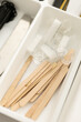 Manicure and pedicure tools. Nail file and cuticle pusher orange wood sticks. Top view