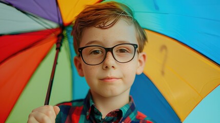 Sticker - A young boy with glasses holding an umbrella, perfect for weather-related designs