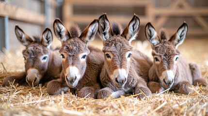 Canvas Print -   A group of donkeys rests atop a single large pile of hay, nestled next to one another