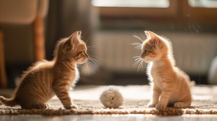 Wall Mural - Two adorable kittens sitting on the floor, enjoying playtime. Suitable for pet lovers or animal-themed designs