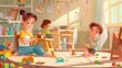 Children playing toy indoors in a messy kid's room cartoon modern. Preschooler with untidy nursery and mother. Baby with mess trouble and mother in untidy nursery modern illustration.