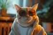 A stylish cat donning reflective round glasses and a snug jacket shows off a trendy and homey look with a blurred face