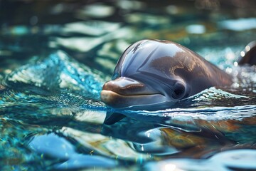 Beautiful close portrait of dolphins swimming in clear water in the ocean or sea
