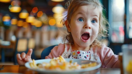 Sticker - A young girl sitting at a table with a plate of food. Perfect for illustrating mealtime or family dining scenes