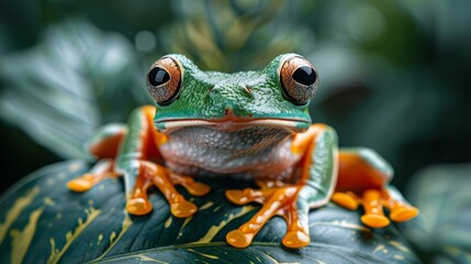   A frog seated on a green leaf, dotted with orange drops, gazes sadly into the camera