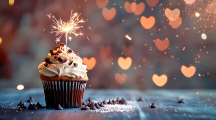 Poster - Sparkling cupcake with a lit sparkler on a bokeh background, celebration concept with festive dessert. Homely baked good to brighten festive moments. AI