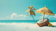 © john - Tropical beach concept made of coconut fruit and sun umbrella. Creative minimal summer idea.
