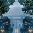 Beautiful morning view of a office building with glass and trees with space for text and a bottom view, Generative AI.