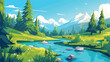 Mountain Streams In Woods Clipart 2d flat cartoon v