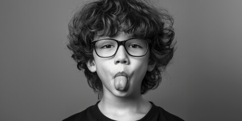 Sticker - A young boy with glasses making a silly expression. Perfect for humor and entertainment concepts