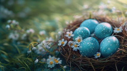 Wall Mural - A nest filled with blue eggs and white flowers, perfect for spring-themed designs