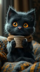 Wall Mural - cute black cat drinking coffee