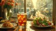   A table holds a glass of iced tea, a plate of salad, and a croissant, all facing a sunlit window