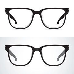 Black frame spectacles, on the white background. Vector set of flat style and realistic unisex black eyewear.