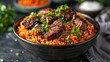 Close shot of a bowl of vibrant jollof rice in a clean surface with a big space for text or product advertisement, Generative AI.