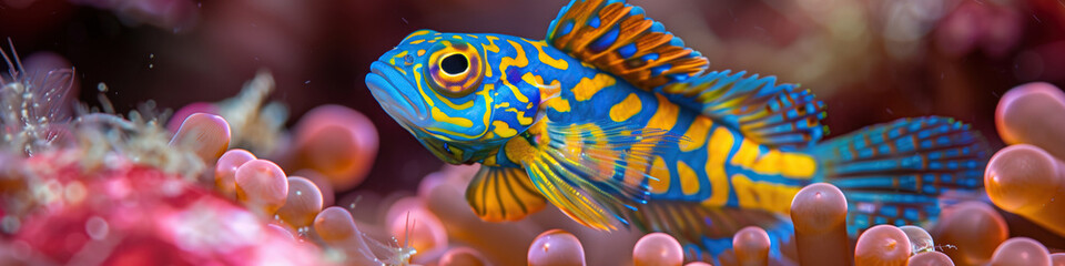 Wall Mural - Dazzling fish perched on vibrant coral. A stunning blue and yellow fish perches gracefully on top of a colorful coral, adding a vibrant pop of color to the underwater scene