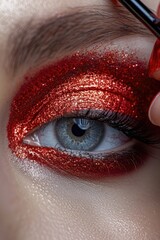 Sticker - Close up of a person with striking red eye makeup, perfect for beauty and fashion concepts