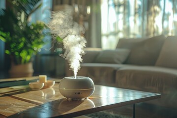 A modern aromatherapy diffuser on a wooden table releases a calming steam in a sunlit living room