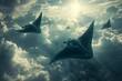 A surreal depiction of flying manta rays gliding effortlessly through the clouds, their wings spanning wide, film stock
