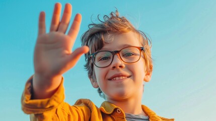 Poster - A young boy wearing glasses and a bright yellow jacket. Perfect for educational or outdoor activities