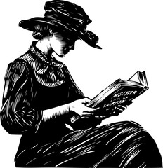 Elegant illustration of a lady in vintage attire reading a book, great for educational, historical, and literary designs