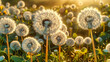 Field of Dandelions in Seed, Soft Sunlight, Summer Greenery, Gentle Wind Blowing Seeds Away