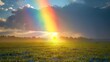   A rainbow gleams vividly in the sky, arching above a verdant expanse of grass In the foreground, a horse grazes peacefully