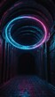 Glowing neon crescent moon in data stream tunnel. Futuristic virtual reality concept of mysticism and spirituality. Celestial symbolism with modern digital aesthetic.