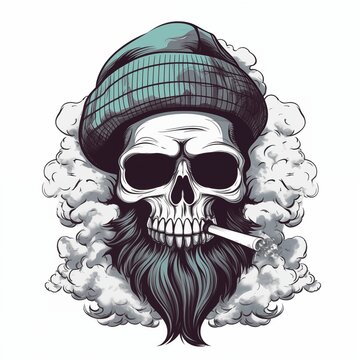 Black-eyed graphic image of a human skull wearing a hat with a cigar on a white background. For tattoo decoration
