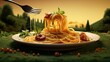 delicious cheesy pasta on mountain backdrop