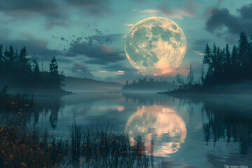 Wall Mural - A large moon is reflected in the water of a lake. The sky is cloudy and the scene is peaceful. Generative AI