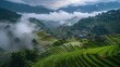 Terraced fields, Paddy fields, Ancient villages shrouded in clouds and mist in the mountains