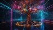 Glowing neon tree of life in data stream tunnel. Futuristic virtual reality concept of interconnectedness and vitality. Symbolism from various spiritual traditions with modern digital aesthetic.