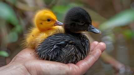 Wall Mural -   A tight shot of a person cradling a small duck in one hand, while gently holding a baby duck in the other hand