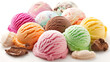 Assorted scoops of colorful ice cream on a white background.