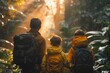 A family of three, equipped with backpacks, embarks on an adventurous trek in a dense forest, basking in the golden rays of sunrise